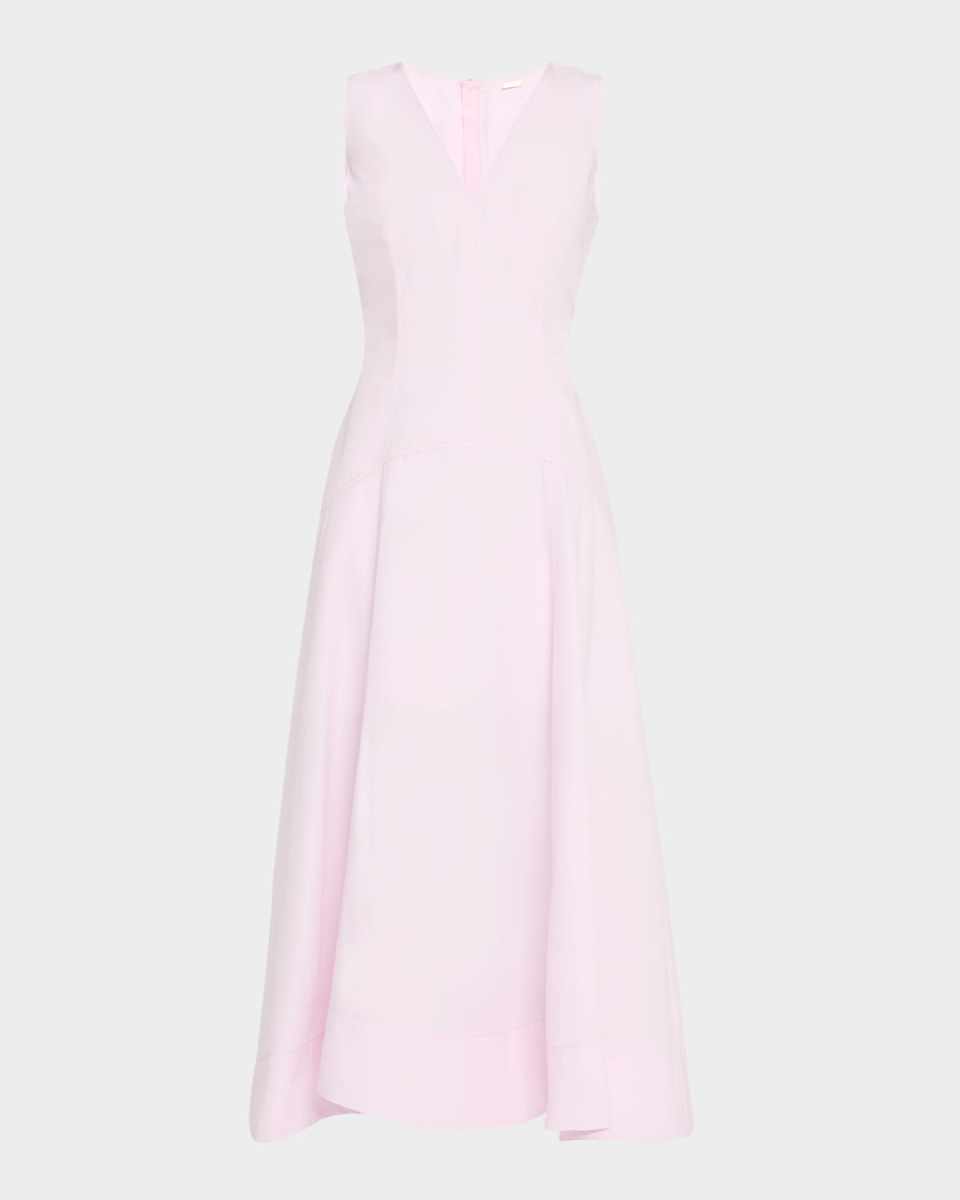 V-Neck Drop Waist Cotton Poplin Midi Dress